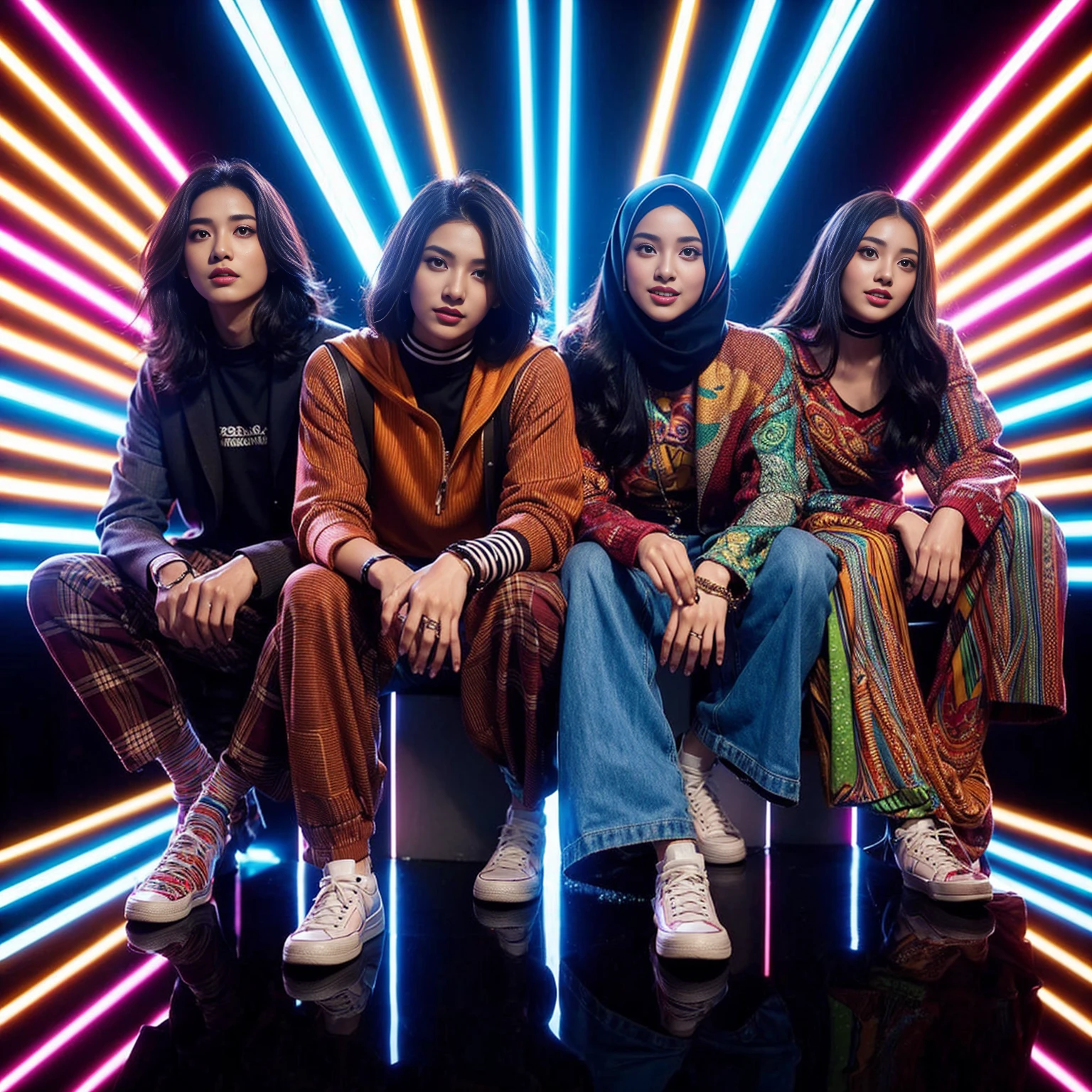 indonesian group cover, photo editor, creative design, close-up shot, must consisting of 4 people; one man with long hair, one man with short hair, one woman with a hijab, one woman with long hair, they wore matching colorful casual outfit, sitting posing confidently facing the camera, they are smile, stylish, look like a movie scene, stunning abstract neon light photo editor's room background, Taken using Sony alpha α7CR full-frame, 1536px, photorealistic, high quality,