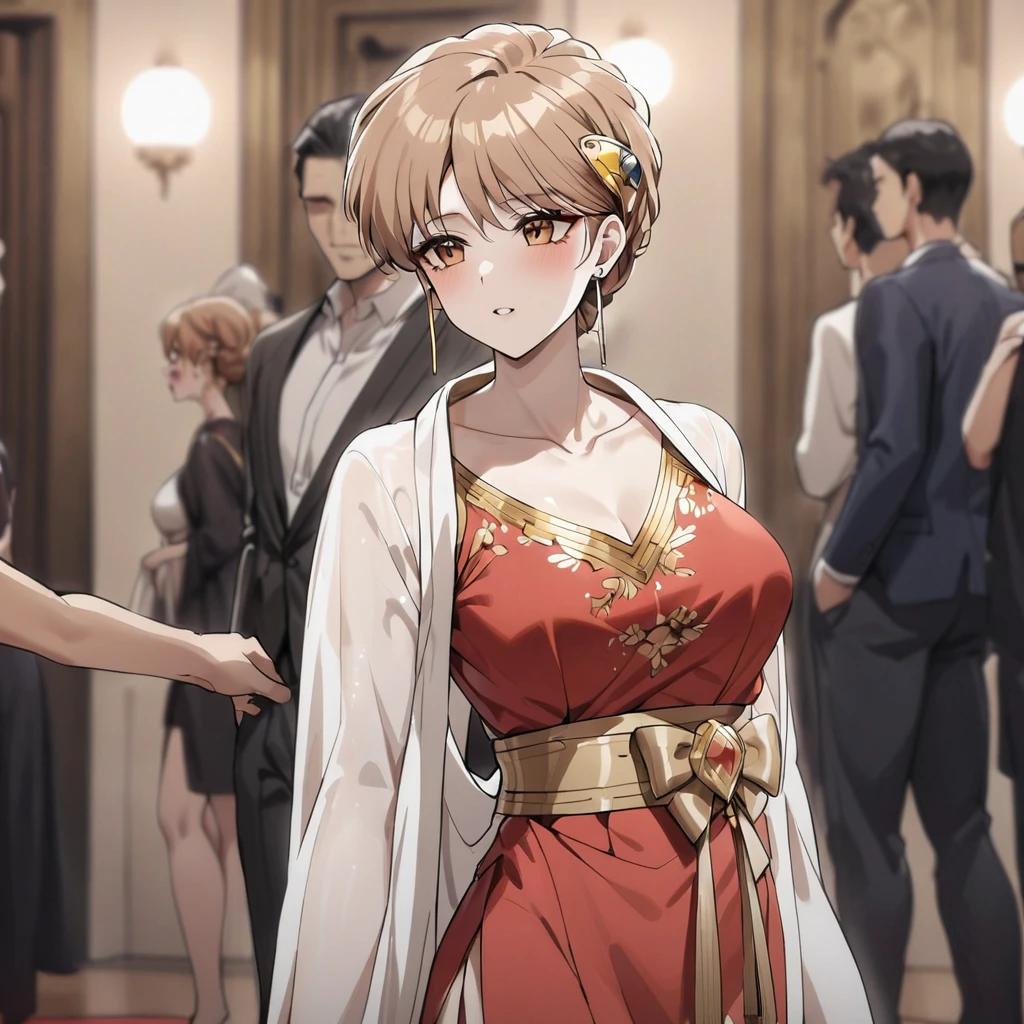 ((Highest quality)), ((masterpiece)), (detailed), （Perfect Face）、The woman is Princess Leona, wearing a gorgeous red Chinese dress with gold embroidery and long light brown hair.、At a ballroom party with many guests in a luxurious palace, a woman clings to the arm of a man dressed in Hanfu.