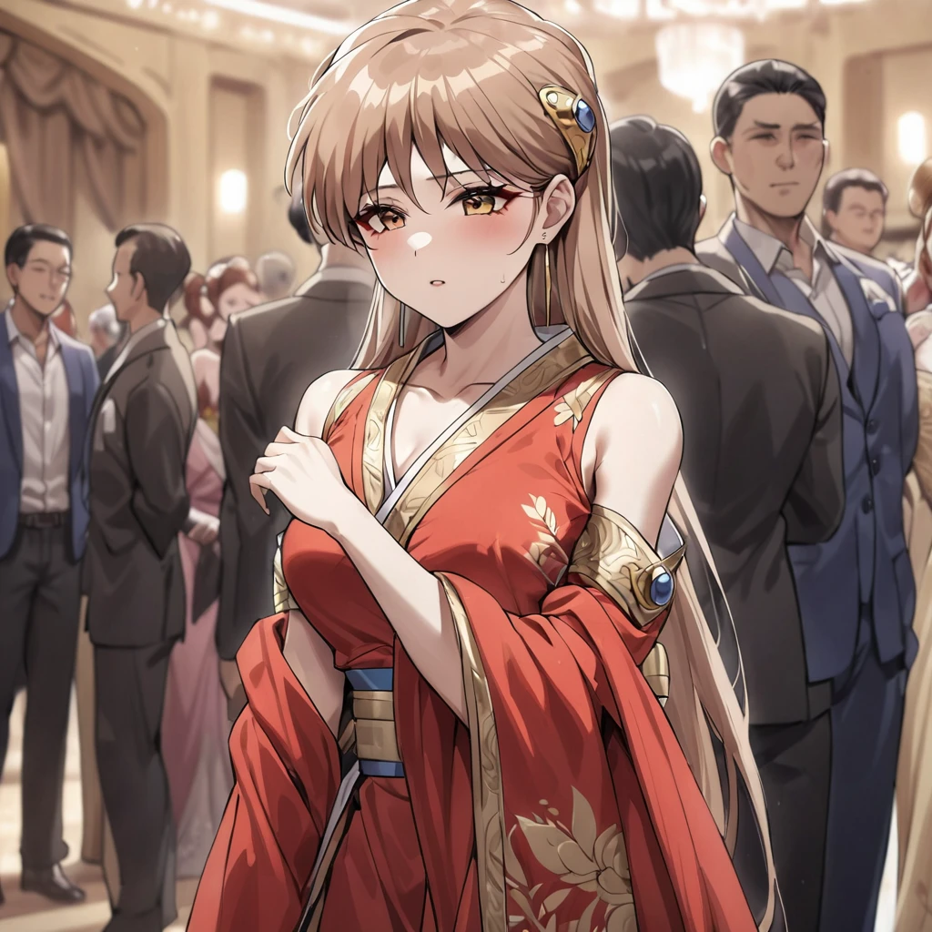 ((Highest quality)), ((masterpiece)), (detailed), （Perfect Face）、The woman is Princess Leona, wearing a gorgeous red Chinese dress with gold embroidery and long light brown hair.、At a ballroom party with many guests in a luxurious palace, a woman clings to the arm of a man dressed in Hanfu.