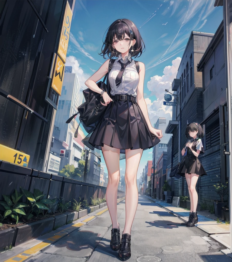 full body, medium tits, medium hair, black hair, tearful mole, earring, 3girls, collared shirt dress, tight skirt, sleeveless,
