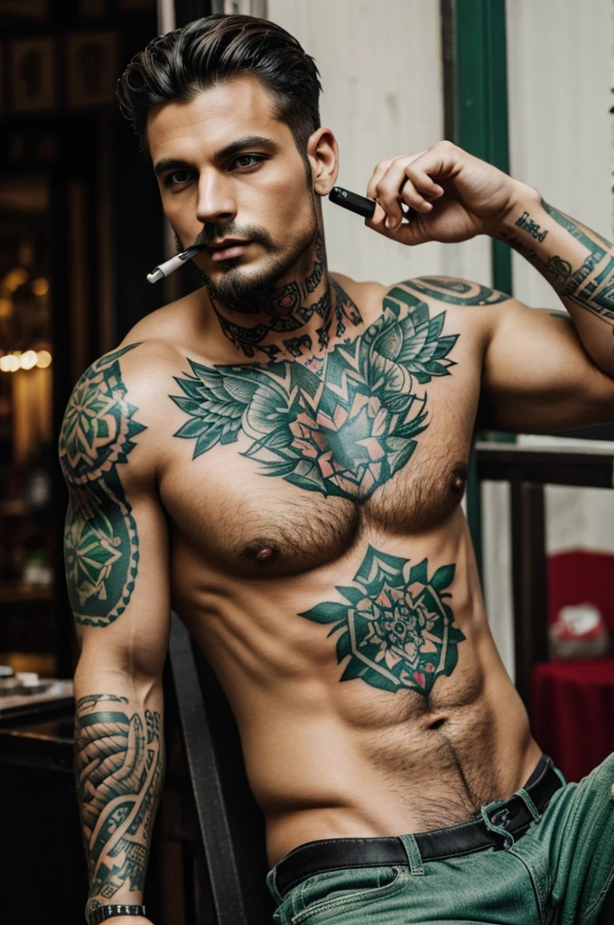 Tattooed green-eyed fair man smoking
