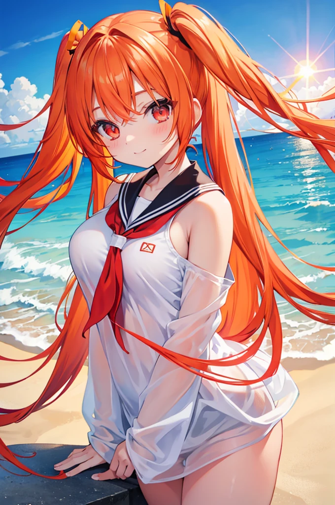 Orange Hair　Half Twin Tail　Red Eyes　beautiful girl　blue sea　White sand beach　Light of the sun　smile