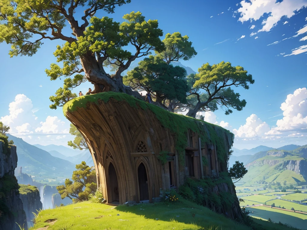 anime style, medieval anime, a giant tree on top of a relief, about 200 meters high, nothing close to the tree, scene seen in the distance