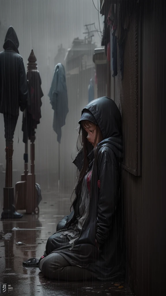A poor girl is sleeping in the street while people pass by her and the rain falls on her clothes in pieces