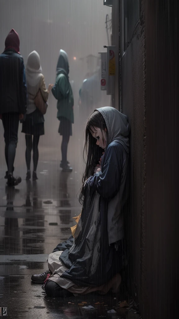A poor girl is sleeping in the street while people pass by her and the rain falls on her clothes in pieces