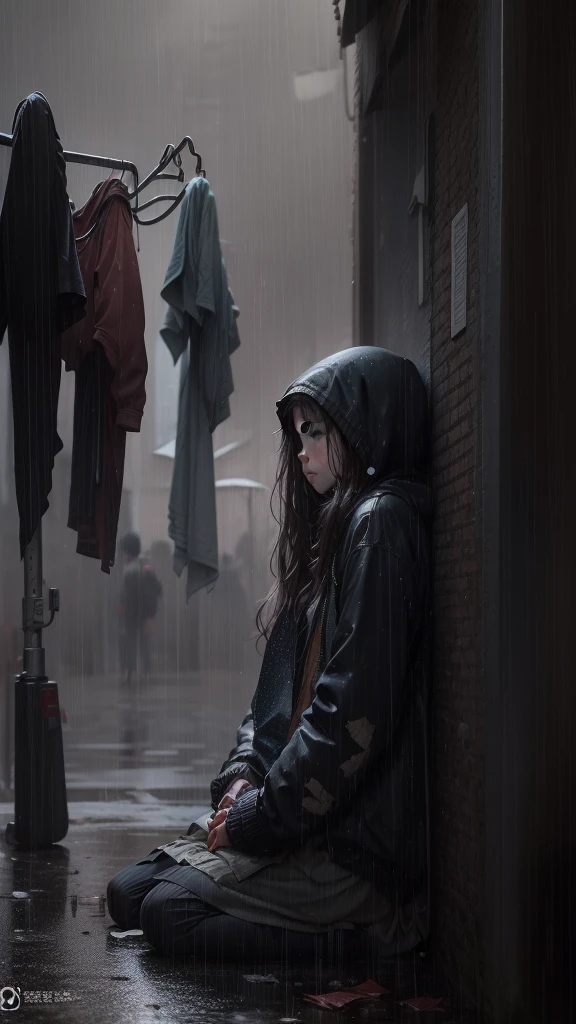 A poor girl is sleeping in the street while people pass by her and the rain falls on her clothes in pieces