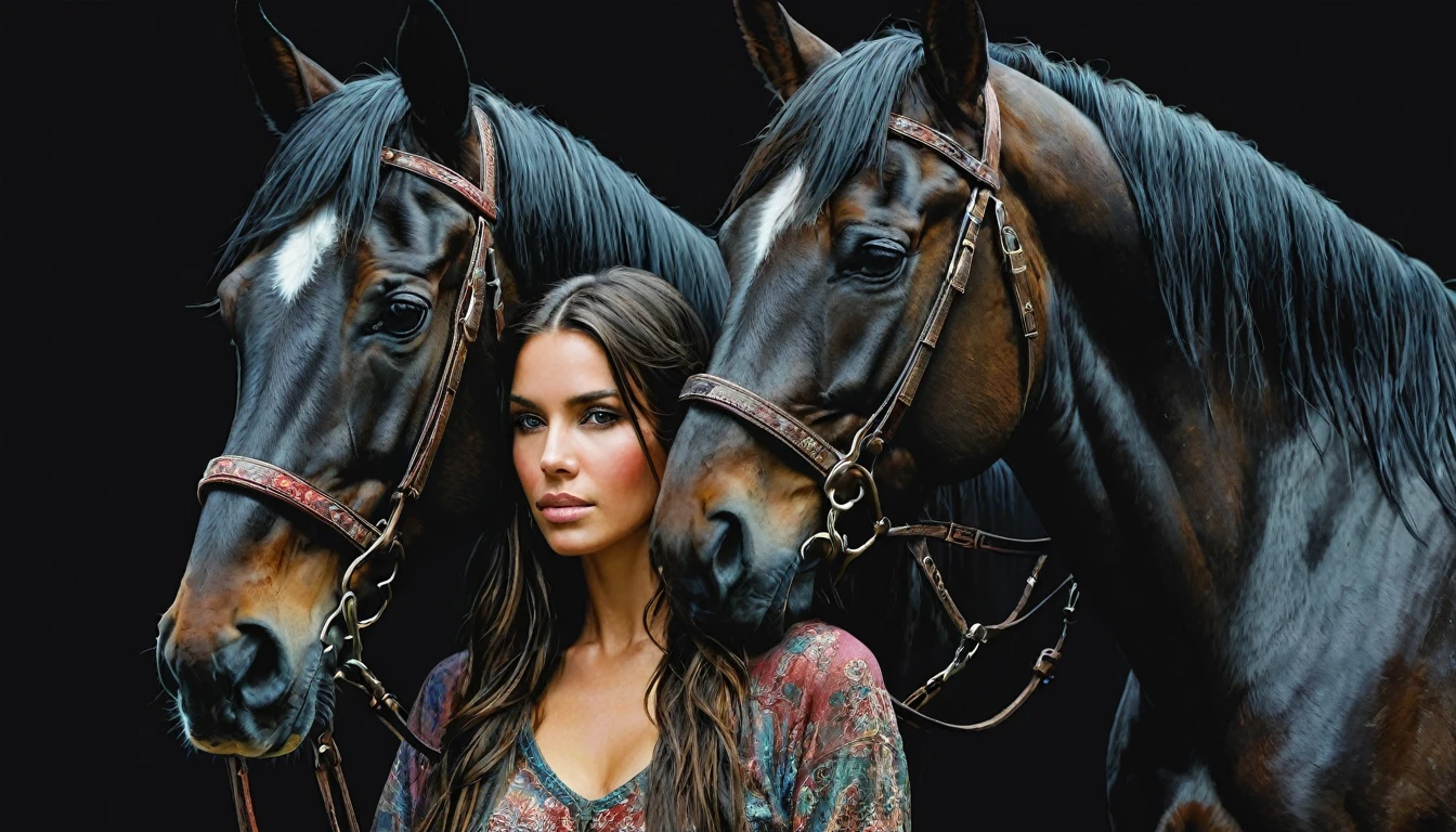 half body,
a woman with her best friend her horse,
dark complex background, style by Thomas Kinkade+David A. Hardy+Carne Griffiths+Mandy Disher half vivid colors fine art, best quality, high detailed, detailed faces, 2d,