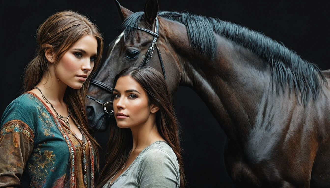 half  body,
a woman with her best friend her horse,
dark complex background, style by Thomas Kinkade+David A. Hardy+Carne Griffiths+Mandy Disher half vivid colors fine art, best quality, high detailed, detailed faces, 2d,