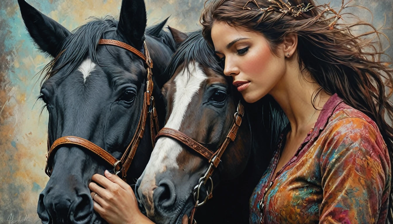 half  body,
a woman with her best friend her horse,
dark complex background, style by Thomas Kinkade+David A. Hardy+Carne Griffiths+Mandy Disher half vivid colors fine art, best quality, high detailed, detailed faces, 2d,
