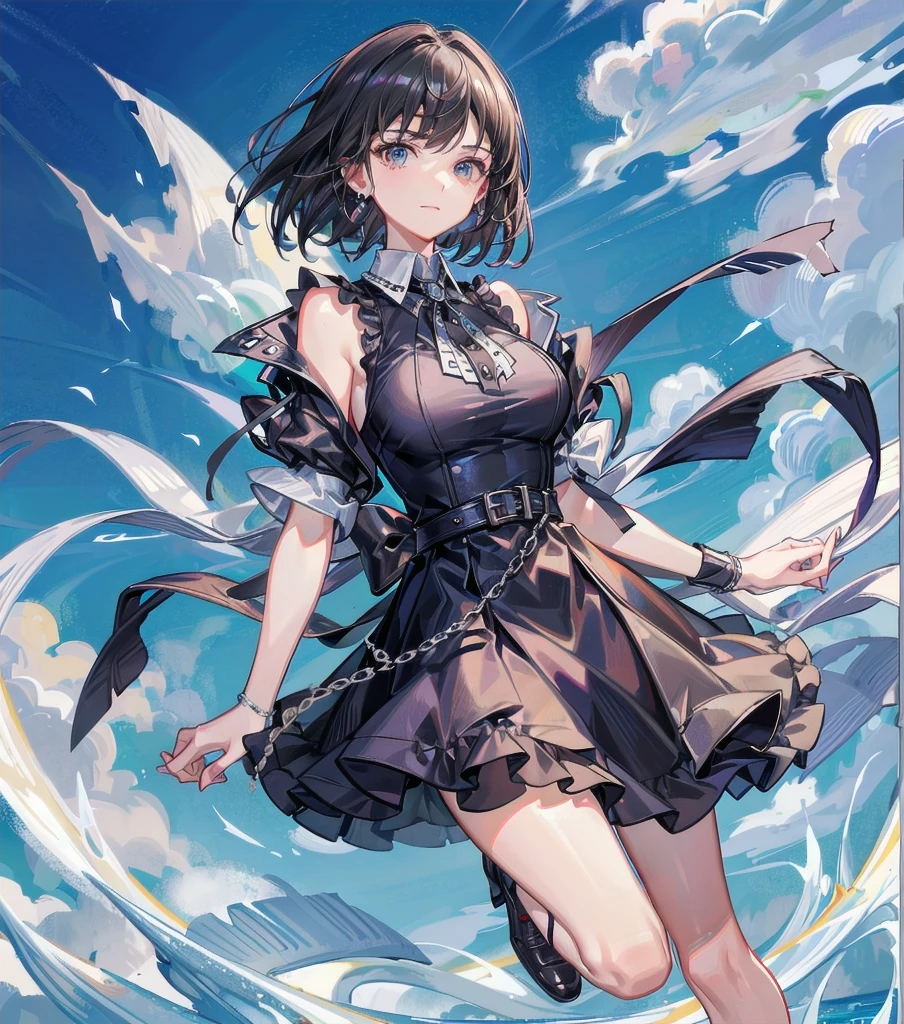 (masterpiece, ultra-detailed, high contrast, high resolution, official illustration)
Photo of the upper body of a beautiful with small breasts. She looks like the character Female Rover from the computer game Wuthering Waves. He has black hair and golden eyes.