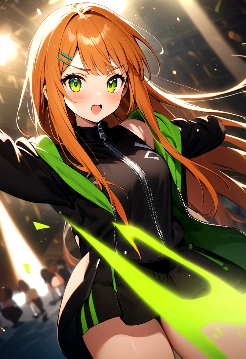 A cute Japanese girl Orange Hair Lively impressions Dance Club uniform Black sportswear with green lines Wear a large hoodie over your sportswear The zipper on his hoodie is wide open hairpin Long Hair Live Performance Venues super high quality Yellow-green eyes