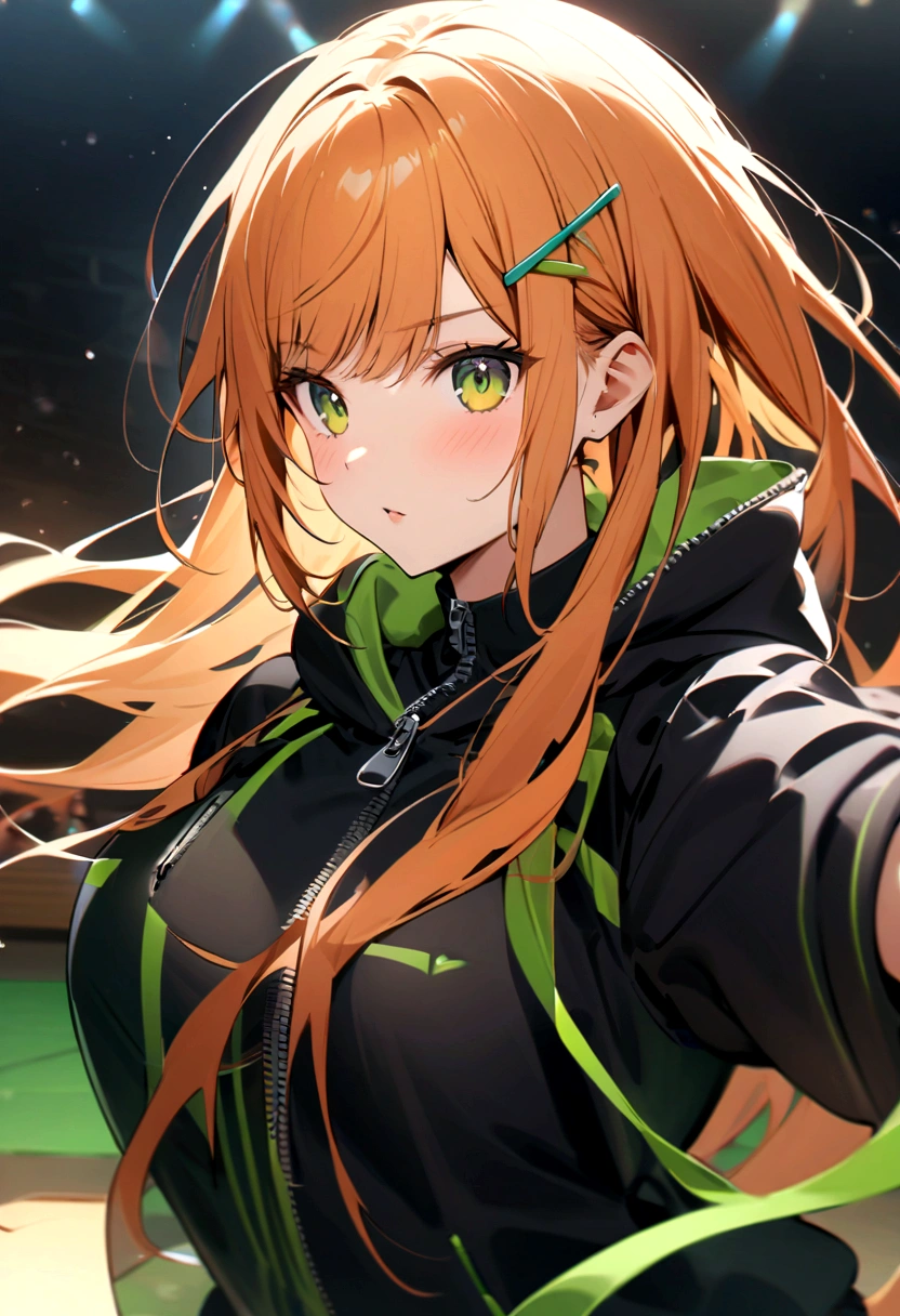 A cute Japanese girl　Orange Hair　Lively impressions　Dance Club　uniform　Black sportswear with green lines　Wear a large hoodie over your sportswear　The zipper on his hoodie is wide open　hairpin　Long Hair　Live Performance Venues　　super high quality　Yellow-green eyes