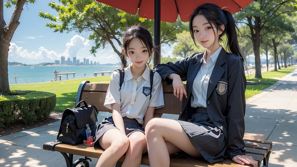 summer、Park with an ocean view、Woman sitting on a park bench、squirt,、 old school girl in uniform、Drink water