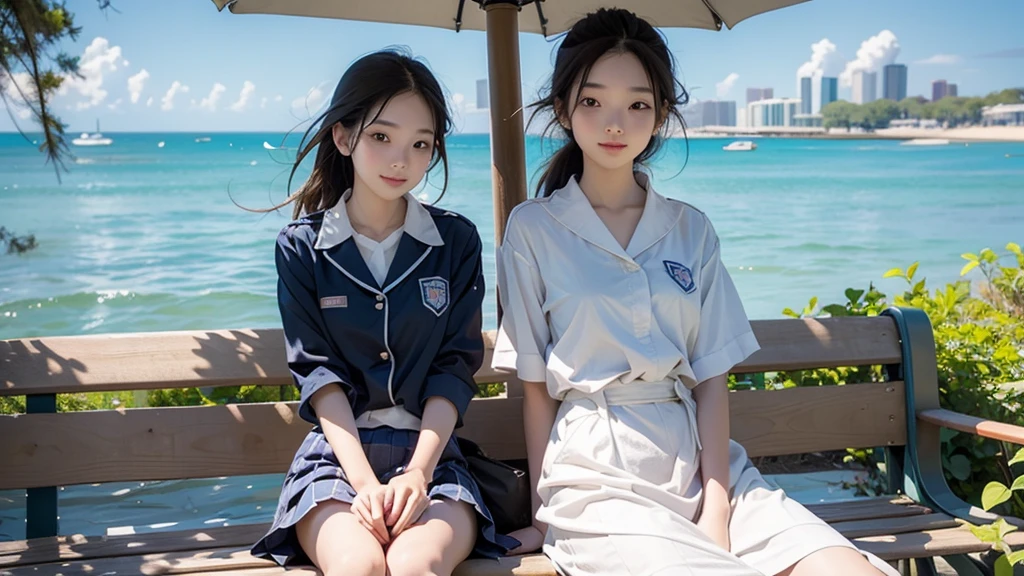 summer、Park with an ocean view、Woman sitting on a park bench、squirt,、 school girl in uniform、Drink water
