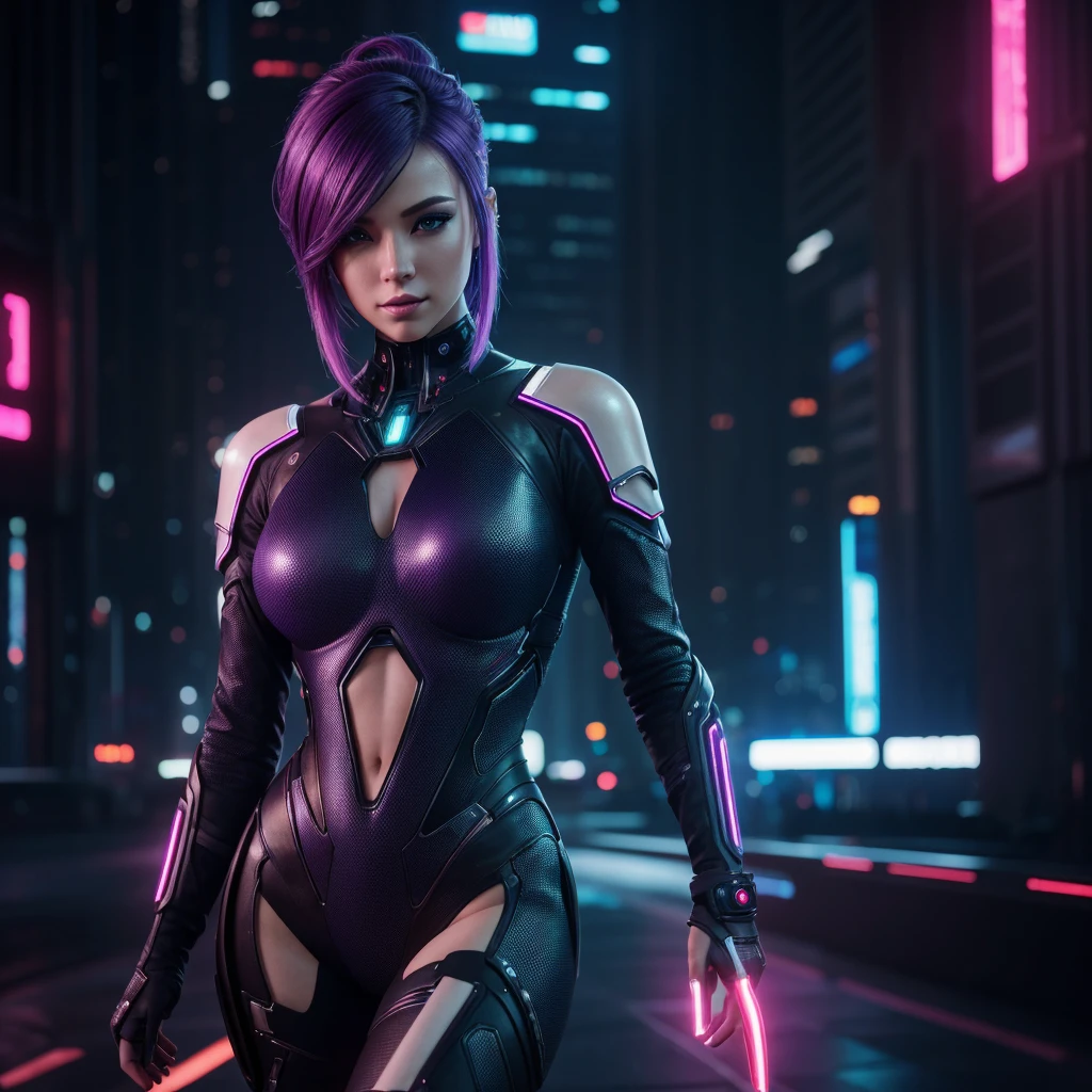 (Hyper-realistic), (lightening), (High resolution), (32k), (extremely detailed), (masterpiece), (realistic),(realistic skin),(extremely detailed skin), portrait of a cyber android girl, purple hair, cyberpunk haircut, tied up, cyberpunk hairstyle, the most beautiful in the world, beautiful face, beautiful hands, Beautiful eyes, (realistic elegant dress).
Sexy outfit, Upper body, light reflections, Interior, futuristic cyber city, Cyber Red Light district background, professional photography of a beautiful detailed woman, sharpness, Spectacular, award winning, cinematic lighting, unreal octane renderer, dtx volumetrics, (blurred background, blurred foreground, bokeh, depth of field, cyber night city light, Motion blur:1.3)