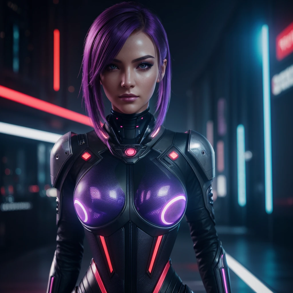 (Hyper-realistic), (lightening), (High resolution), (32k), (extremely detailed), (masterpiece), (realistic),(realistic skin),(extremely detailed skin), portrait of a cyber android girl, purple hair, cyberpunk haircut, tied up, cyberpunk hairstyle, the most beautiful in the world, beautiful face, beautiful hands, Beautiful eyes, (realistic elegant dress).

Sexy outfit, Upper body, light reflections, Interior, futuristic cyber city, Cyber ​​Red Light district background, professional photography of a beautiful detailed woman, sharpness, Spectacular, award winning, cinematic lighting, unreal octane renderer, dtx volumetrics, (blurred background, blurred foreground, bokeh, depth of field, cyber night city light, Motion blur:1.3)