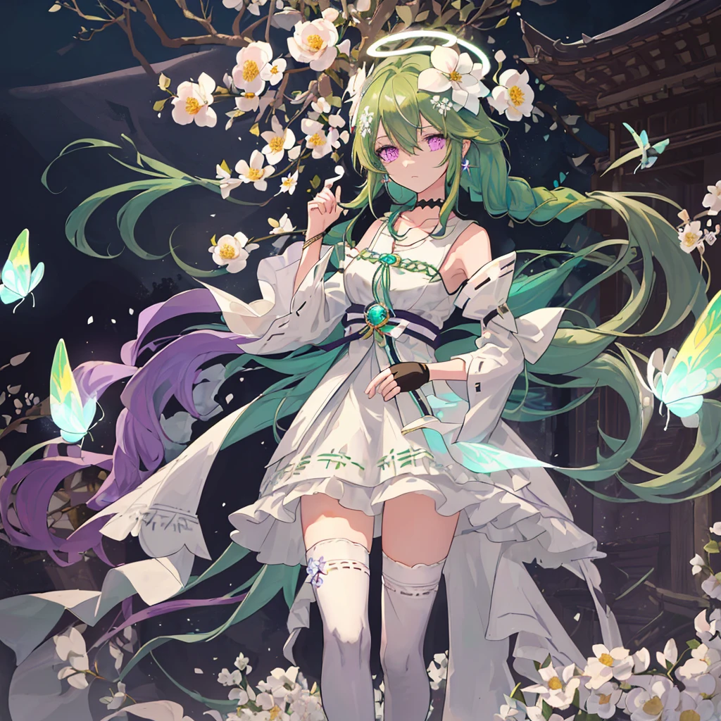 (Masterpiece, Best Quality: 1.4), white Background, Long Hair, Jewelry, Earrings, Necklace, Bride, ((green Hair)), Halo, (Overlook), Dynamic Angle, Ultra Detailed, Illustration, Close Up, Direct Look, 1girl, (Fantasy: 1.4), (Purple Eyes: 1.233), Her Eyes Shine Like Dreamy Stars, (Glow Eyes: 1.233), (Beautiful and Delicate Eyes: 1.1), (green Hair: 1.4), (Messy Hair, Very Long Hair, French braids, hair between the eyes, side hair), (+(white hair flower: 1.14)), (chiffon dress, uniform white flower pattern)/= (military uniform: 1.24), (fingerless gloves), choker, (miko thighhighs), high heeled boots, (expressionless, shut up), (standing), (white flowers, blooming),(Ruins),(Night:1.2),dreamy,Soul,(fluorescent),(Flying Translucent Blue Butterfly:1.15),[Delicate Fingers and Hands:0.55]::0.85], (Finger Detail), (Yubao:0.5),((town background)),((full body)),((turquoise hair)),green hair,((green hair)),night,near the river,Walking in the distance,