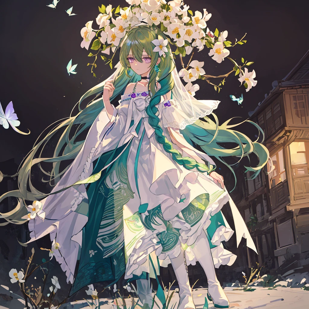 (Masterpiece, Best Quality: 1.4), white Background, Long Hair, Jewelry, Earrings, Necklace, Bride, ((green Hair)), Halo, (Overlook), Dynamic Angle, Ultra Detailed, Illustration, Close Up, Direct Look, 1girl, (Fantasy: 1.4), (Purple Eyes: 1.233), Her Eyes Shine Like Dreamy Stars, (Glow Eyes: 1.233), (Beautiful and Delicate Eyes: 1.1), (green Hair: 1.4), (Messy Hair, Very Long Hair, French braids, hair between the eyes, side hair), (+(white hair flower: 1.14)), (chiffon dress, uniform white flower pattern)/= (military uniform: 1.24), (fingerless gloves), choker, (miko thighhighs), high heeled boots, (expressionless, shut up), (standing), (white flowers, blooming),(Ruins),(Night:1.2),dreamy,Soul,(fluorescent),(Flying Translucent Blue Butterfly:1.15),[Delicate Fingers and Hands:0.55]::0.85], (Finger Detail), (Yubao:0.5),((town background)),((full body)),((turquoise hair)),green hair,((green hair)),night,near the river,Walking in the distance,