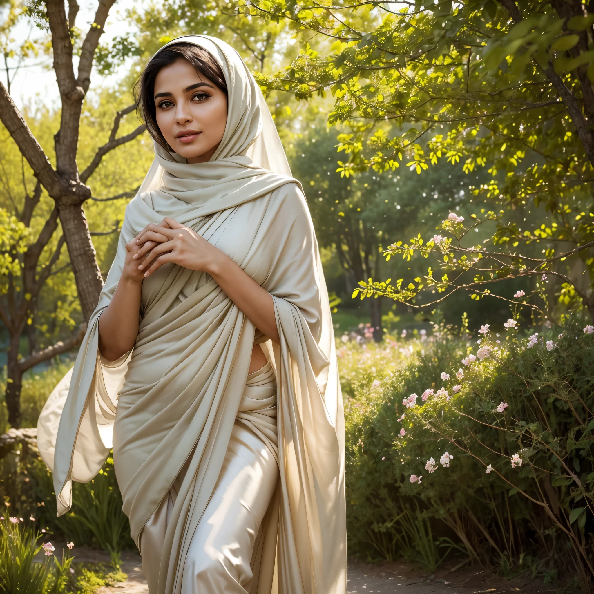 Best quality, high resolution, Masterpiece: 1.3, Graceful Mature Muslim Woman, Masterpiece, Warm smile, Realistic, 1woman, captivating eyes, glowing eyes, parted lips, ample figure, Beautiful adult woman in Saree, full-length, elegant figure, aesthetics of the mature lady, serene from the countryside, peacekeeper of the community, absorbed in thoughts, in a tranquil setting, surrounded by blooming flowers, tender leaves, and branches, soft sunlight filtering through, (natural elements), (village theme), (flowers), (leaves), (branches), (sunlight), (particle effects), etc.