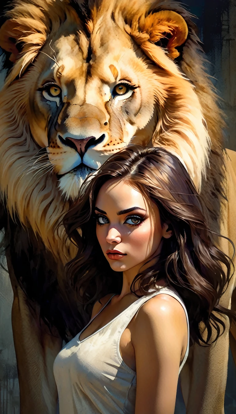a powerful girl standing confidently with a majestic lion, beautiful detailed eyes, beautiful detailed lips, extremely detailed eyes and face, long eyelashes, dynamic pose, dramatic lighting, cinematic composition, gritty textured art style, muted color palette, chiaroscuro lighting, inspired by the art of Bill Sienkiewicz
