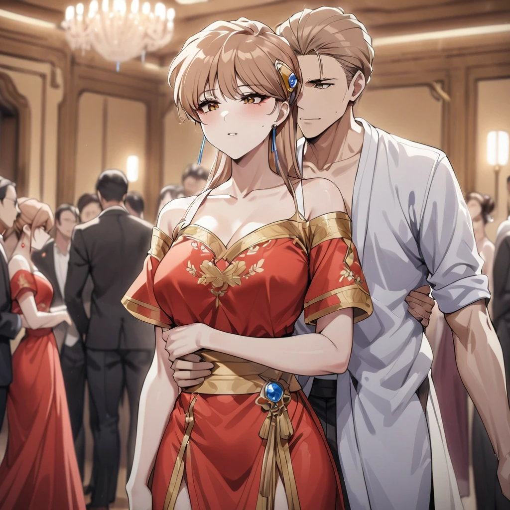 ((Highest quality)), ((masterpiece)), (detailed), （Perfect Face）、The woman is Princess Leona, wearing a gorgeous red Chinese dress with gold embroidery and long light brown hair.、At a ballroom party with many guests in a luxurious palace, a woman clings to the arm of a man dressed in Hanfu.