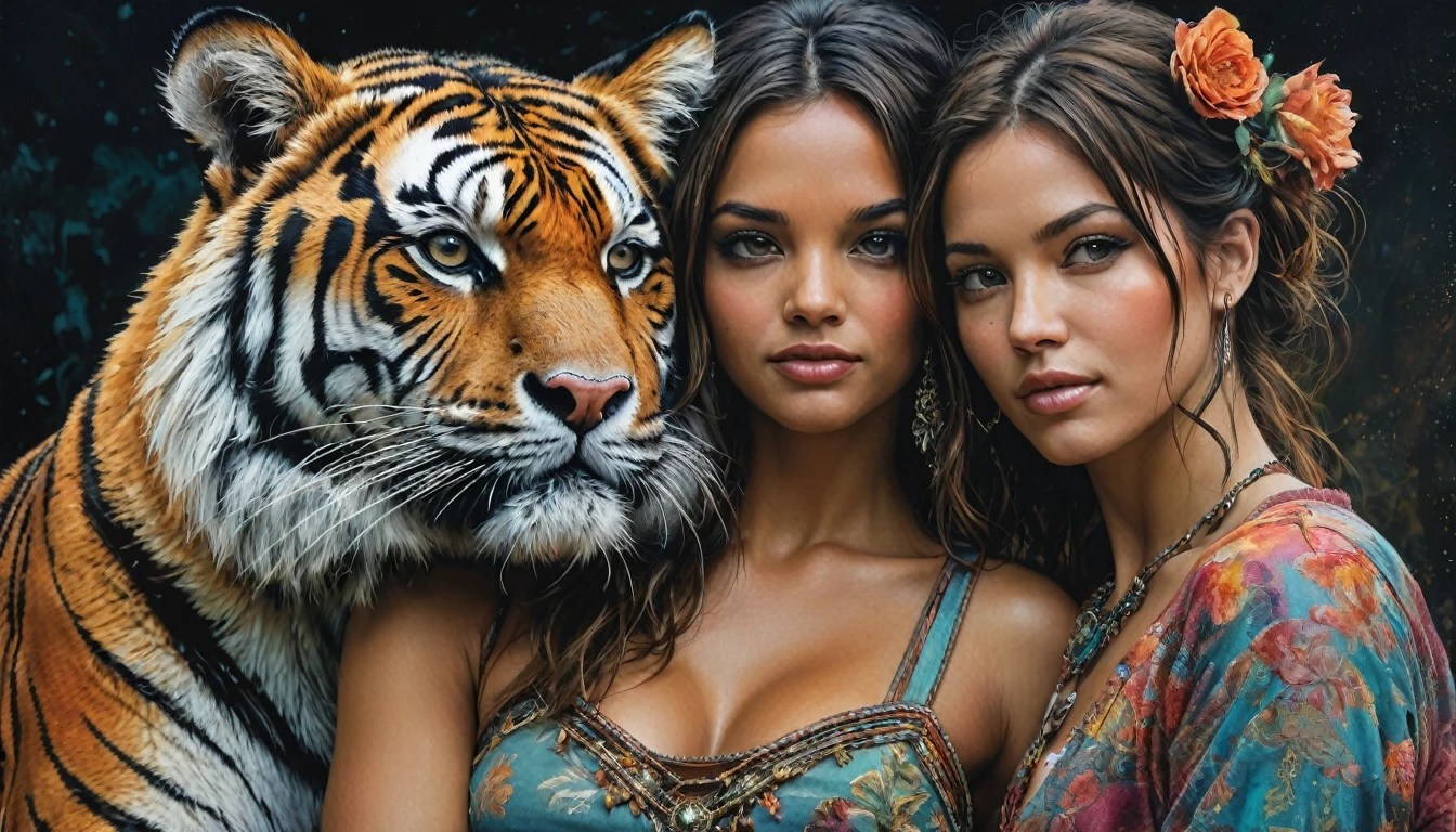 half body,
a woman with her best friend her tiger,
dark complex background, style by Thomas Kinkade+David A. Hardy+Carne Griffiths+Mandy Disher half vivid colors fine art, best quality, high detailed, detailed faces, 2d,