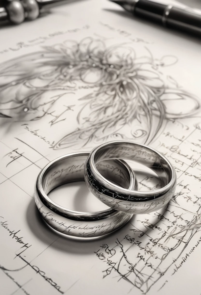 Anime line art of two mystical rings with Elven enscriptions engraved on them, up close shot, from The Lord Of The Rings trilogy, in dynamic pose, by Anna Razumovskaya, sketch, best quality, masterpiece, very aesthetic, perfect composition, intricate details, ultra-detailed, B&W