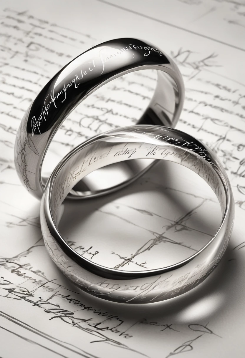 Anime line art of two mystical rings with Elven enscriptions engraved on them, up close shot, from The Lord Of The Rings trilogy, in dynamic pose, by Anna Razumovskaya, sketch, best quality, masterpiece, very aesthetic, perfect composition, intricate details, ultra-detailed, B&W