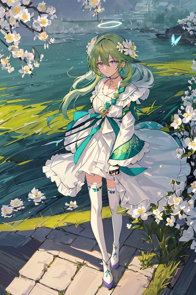 (Masterpiece, Best Quality: 1.4), white Background, Long Hair, Jewelry, Earrings, Necklace, Bride, ((green Hair)), Halo, (Overlook), Dynamic Angle, Ultra Detailed, Illustration, Close Up, Direct Look, 1girl, (Fantasy: 1.4), (Purple Eyes: 1.233), Her Eyes Shine Like Dreamy Stars, (Glow Eyes: 1.233), (Beautiful and Delicate Eyes: 1.1), (green Hair: 1.4), (Messy Hair, Very Long Hair, French braids, hair between the eyes, side hair), (+(white hair flower: 1.14)), (chiffon dress, uniform white flower pattern)/= (military uniform: 1.24), (fingerless gloves), choker, (miko thighhighs), high heeled boots, (expressionless, shut up), (standing), (white flowers, blooming),(Ruins),(Night:1.2),dreamy,Soul,(fluorescent),(Flying Translucent Blue Butterfly:1.15),[Delicate Fingers and Hands:0.55]::0.85], (Finger Detail), (Yubao:0.5),((town background)),((full body)),((turquoise hair)),green hair,((green hair)),night,near the river,Walking in the distance,