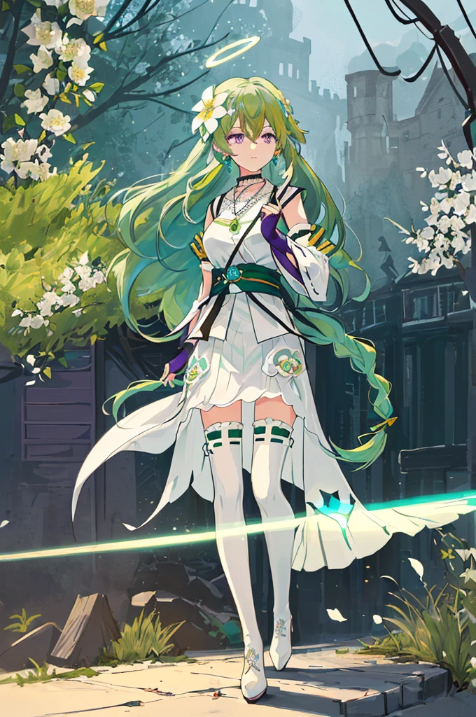 (Masterpiece, Best Quality: 1.4), white Background, Long Hair, Jewelry, Earrings, Necklace, Bride, ((green Hair)), Halo, (Overlook), Dynamic Angle, Ultra Detailed, Illustration, Close Up, Direct Look, 1girl, (Fantasy: 1.4), (Purple Eyes: 1.233), Her Eyes Shine Like Dreamy Stars, (Glow Eyes: 1.233), (Beautiful and Delicate Eyes: 1.1), (green Hair: 1.4), (Messy Hair, Very Long Hair, French braids, hair between the eyes, side hair), (+(white hair flower: 1.14)), (chiffon dress, uniform white flower pattern)/= (military uniform: 1.24), (fingerless gloves), choker, (miko thighhighs), high heeled boots, (expressionless, shut up), (standing), (white flowers, blooming),(Ruins),(Night:1.2),dreamy,Soul,(fluorescent),(Flying Translucent Blue Butterfly:1.15),[Delicate Fingers and Hands:0.55]::0.85], (Finger Detail), (Yubao:0.5),((town background)),((full body)),((turquoise hair)),green hair,((green hair)),night,near the river,Walking in the distance,