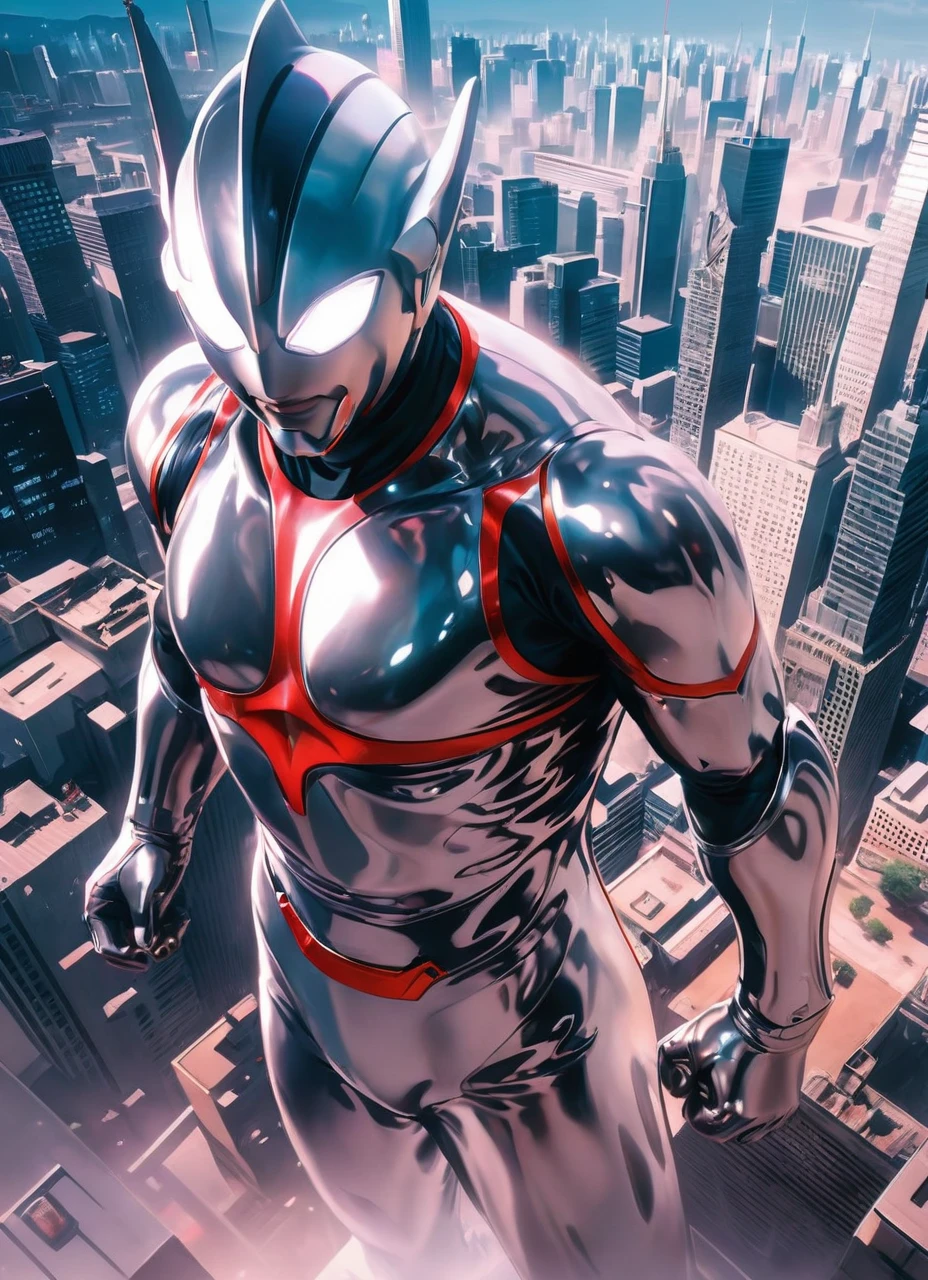 (Masterpiece, Superb Quality, Super Delicate, High Resolution), Male Focus, (((New Ultraman))), ((No Muscles))), (His head is tapered, his body is made of silver, his arms are streamlined, he looks tall and thin, the overall shape is streamlined and modern), (fisting), posing for photos, high angle, dark night, city ruins, background details, (((whole body))), from above, (((sense of greatness)))