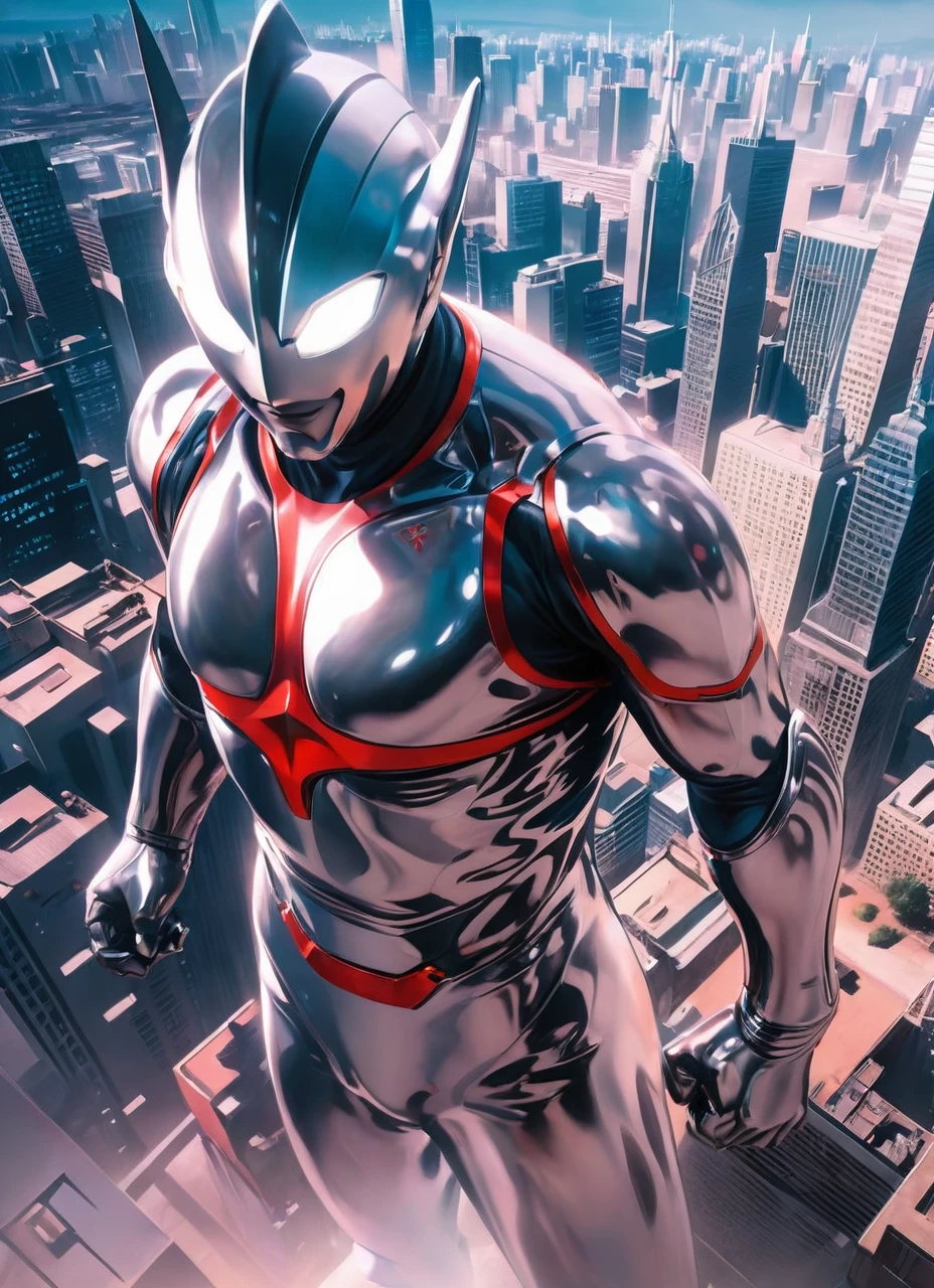 (Masterpiece, Superb Quality, Super Delicate, High Resolution), Male Focus, (((New Ultraman))), ((No Muscles))), (His head is tapered, his body is made of silver, his arms are streamlined, he looks tall and thin, the overall shape is streamlined and modern), (fisting), posing for photos, high angle, dark night, city ruins, background details, (((whole body))), from above, (((sense of greatness)))
