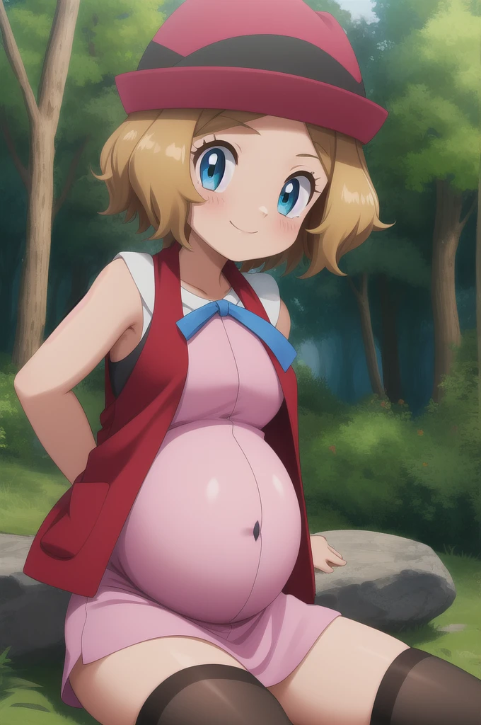 pkmnserena, 1girl, solo, blue eyes, blonde hair, short hair, bangs, hat, red headwear, 
naked, ribbon, sleeveless, neck ribbon, blue ribbon, vest, black thighhighs, 
smile,closed mouth,cowboy shot,sitting,
forest,outdoor,
(insanely detailed, beautiful detailed face, masterpiece, best quality) cinematic lighting,hyper-pregnant 