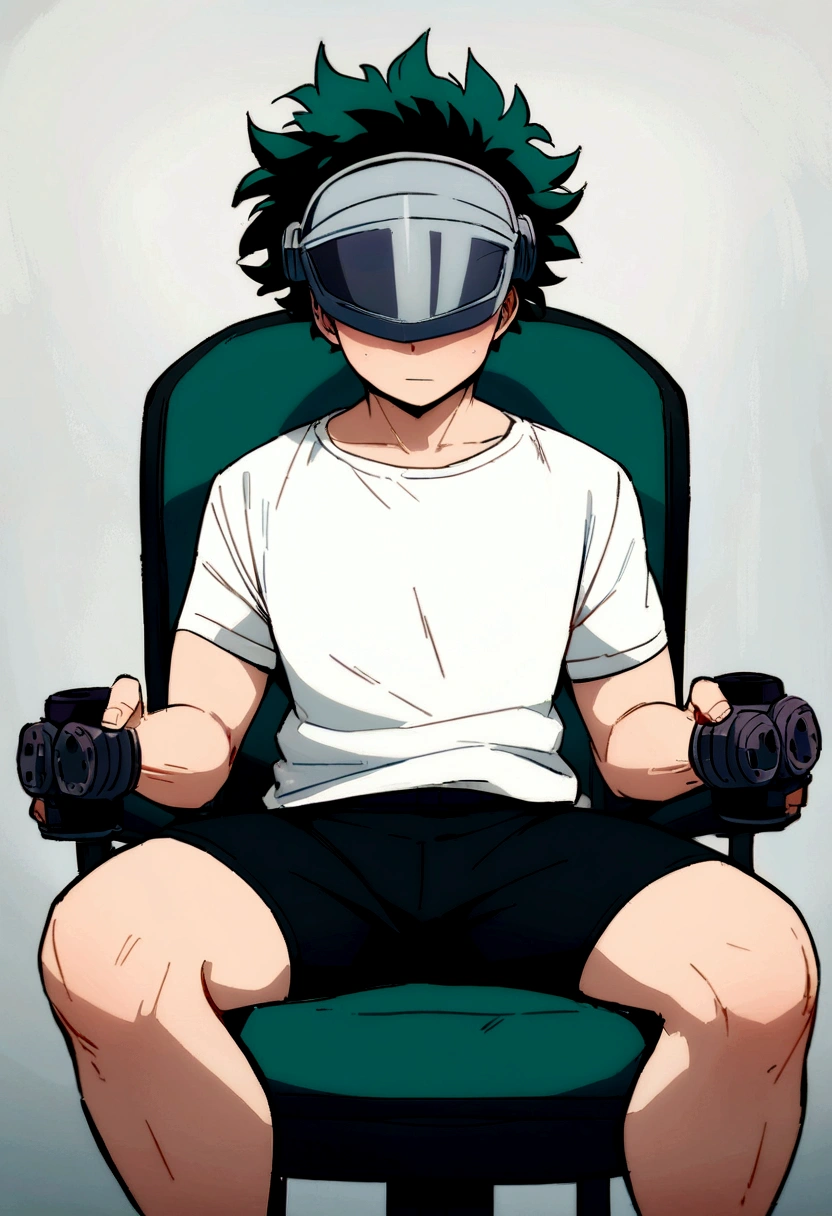 (masterpiece, best quality:1.2), solo, male focus, 1boy, midoriya izuku, short green hair, green eyes, white t-shirt, black shorts, green domed helmet with visor covering eyes, mind control device, blank expression, mouth slightly agape, relaxed body posture, sitting bean bag chair, anime style, my hero academia style