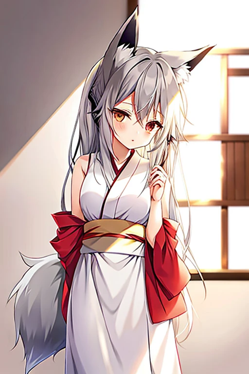 anime girl with long grey hair, 1 red eye and 1 grey eye, dressed in a kimono with a fox tail and fox ears