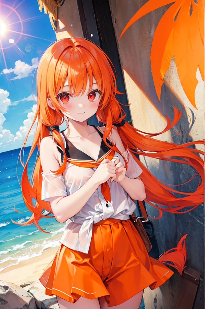 Orange Hair　Half Twin Tail　Red Eyes　beautiful girl　blue sea　White sand beach　Light of the sun　smile