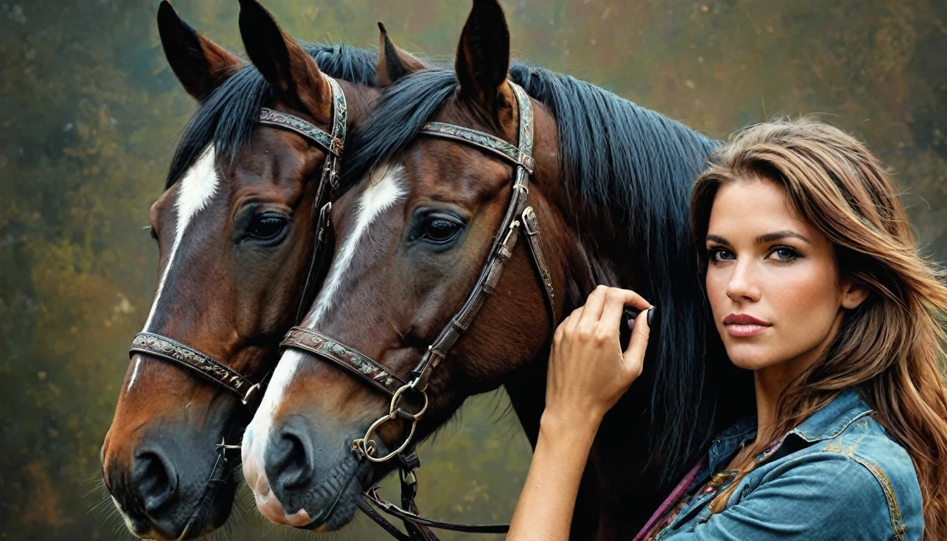 half  body,
a woman with her best friend her horse,
dark complex background, style by Thomas Kinkade+David A. Hardy+Carne Griffiths+Mandy Disher half vivid colors fine art, best quality, high detailed, detailed faces, 2d,