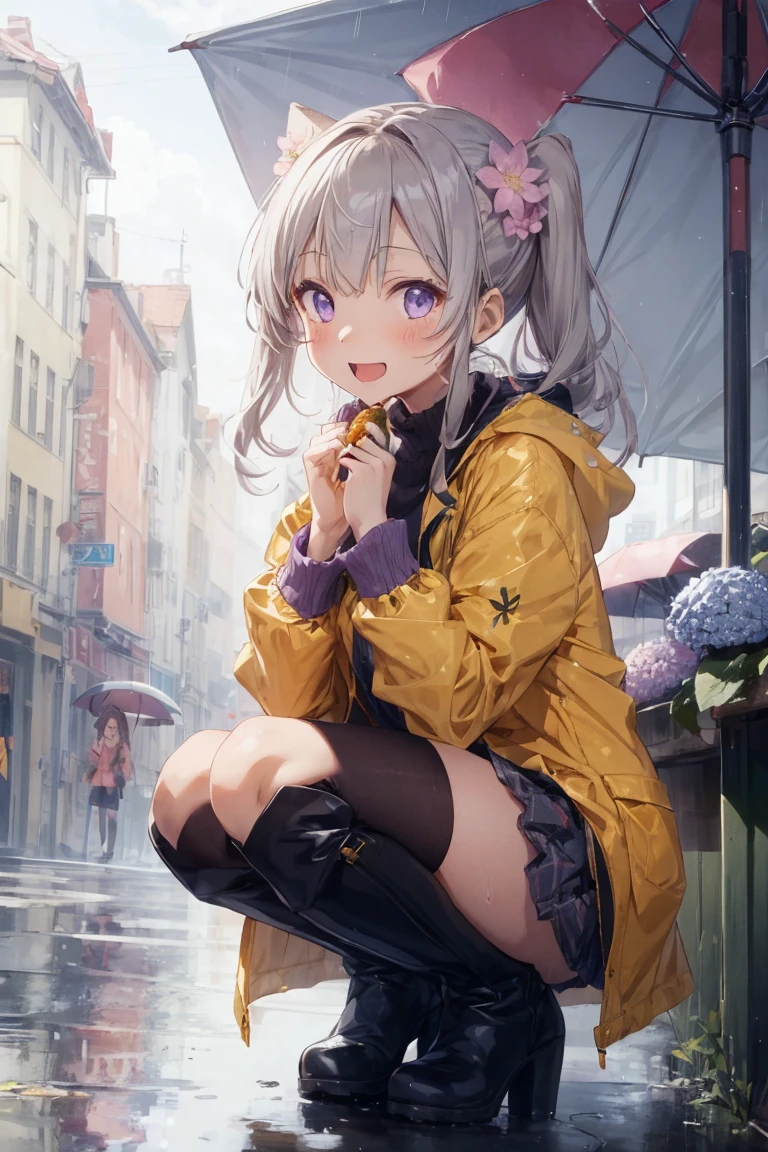 One Girl,rainbow,raincoat,yellow raincoat,rubber Knee-high boots,Hydrangea,flower,Long Hair,Twin tails,Knee-high boots,blush,umbrella,Open your mouth,hair ornaments,white background,Food,alone,Terboz,very Long Hair,Food up,Long sleeve,Low Ponytail,bow,bangs,smile,animal Food,closeD umbrella,puddle,Cowboy Shot、Squat,:D,snails,Yellow footwear, background,pink flower,Are standing,leaf umbrella,Holding umbrella,fooD-themeD hair ornaments,hair bow,animal ears,Holding,Blonde,hair flower,rain,animal,Gray Hair、Light purple eyes、Bob Hair、Laughter、Purple Raincoat、
