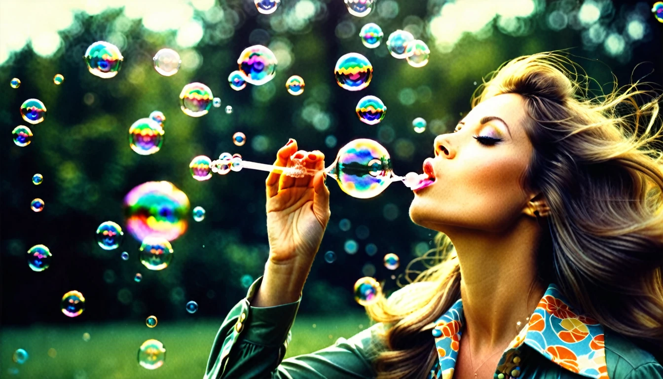 1970s photo of a beautiful woman blowing bubbles into the air, atmospheric perspective, textured skin, cinematic action, super detail,