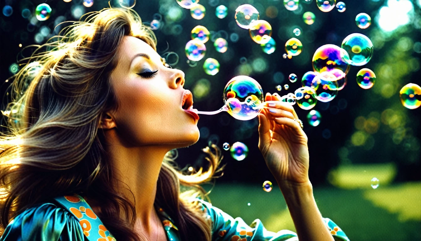 1970s photo of a beautiful woman blowing bubbles into the air, atmospheric perspective, textured skin, cinematic action, super detail,