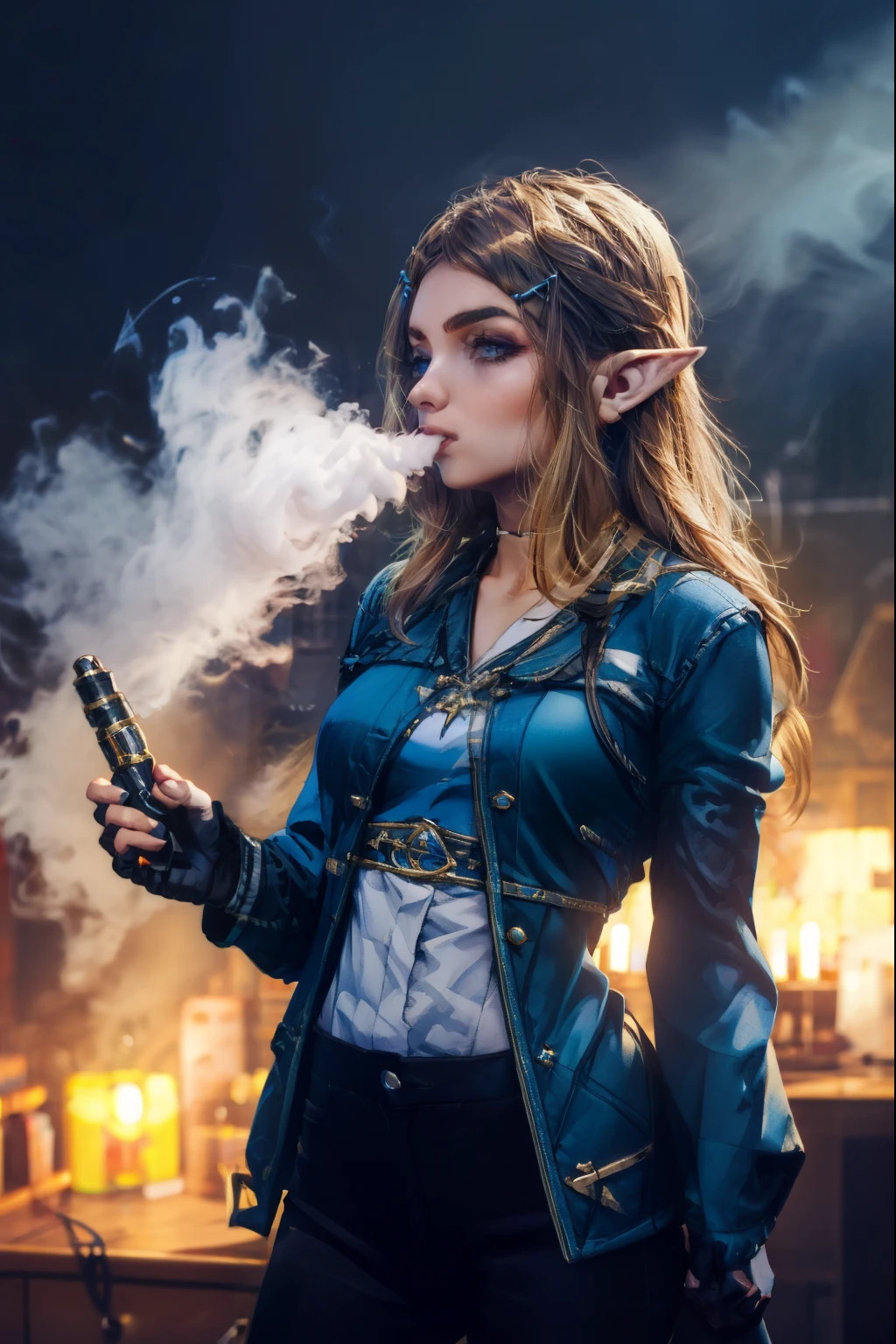 (masterpiece, best quality:1.2, Detailed Face), solo, 1girl, vapingnation, smoke, smoking, holding, aazelda, long hair,hairclip, pointy ears, blue shirt, long sleeves, fingerless gloves, black gloves, black pants, tight pants,