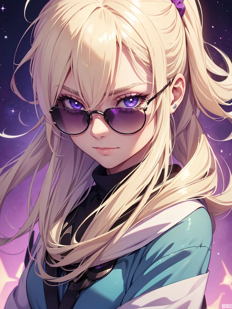 Woman, age 20, blonde hair, hair tied back, wears round sunglasses, blonde eyebrows, white eyelashes, detailed purple eyes, glowing pink eyes, galaxy blue eyes, prismatic different colored eyes, wearing black shirt, high quality, 4k resolution, anime