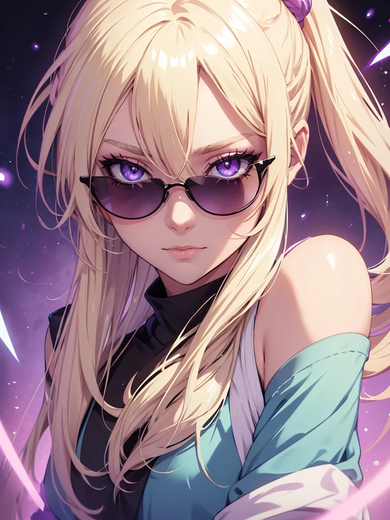 Woman, age 20, blonde hair, hair tied back, wears round sunglasses, blonde eyebrows, white eyelashes, detailed purple eyes, glowing pink eyes, galaxy blue eyes, prismatic different colored eyes, wearing black shirt, high quality, 4k resolution, anime