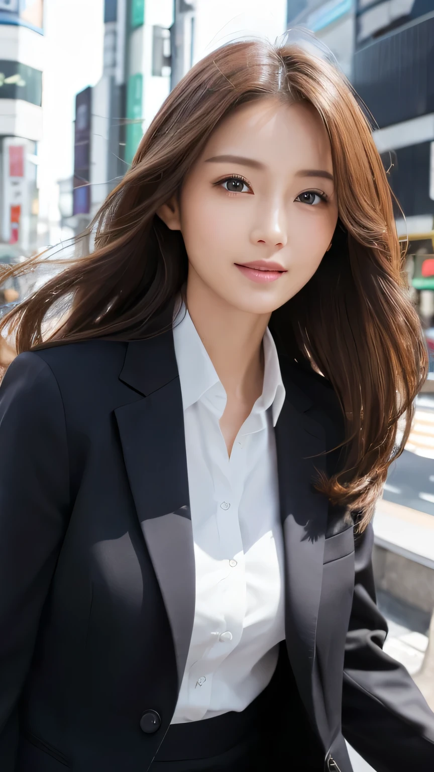 highest quality、genuine、Super detailed、finely、High resolution、8k wallpaper、one beautiful woman、、、light brown disheveled hair、wearing a business suit、sharp focus、perfect dynamic composition、beautiful and detailed eyes、thin hair、Detailed genuine skin texture、smile、model body shape、In Tokyo at morning、
