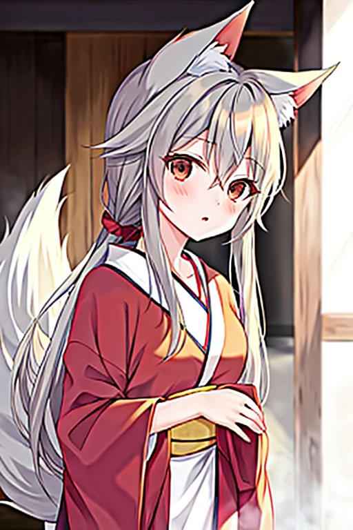 anime girl with long grey hair, 1 red eye and 1 grey eye, dressed in a kimono with a fox tail and fox ears