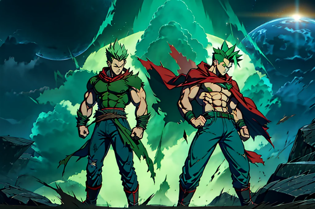 green spiky hair, torn clothes, in sky, clouds, 4k,absurdres, toned muscles,skinny, heroic pose, red cape, torn cape flowing in wind, green aura, distressed jeans,falling side,side view