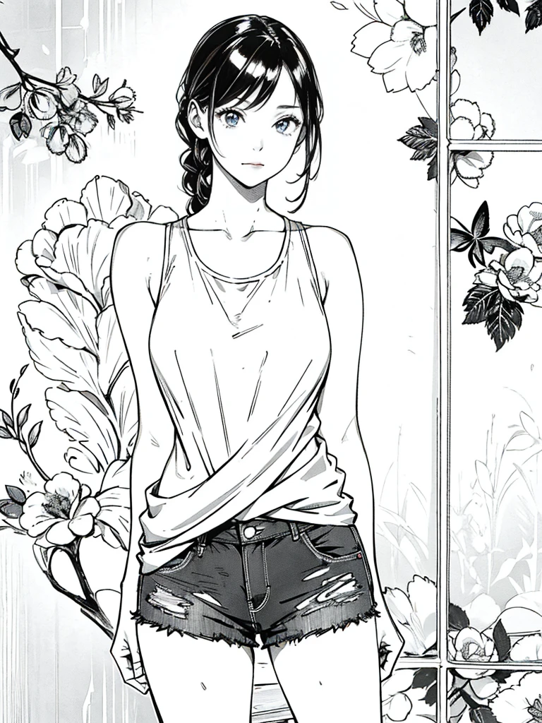 (hight resolution), (8K), (ighly detailed), (The best illustrations), (top-quality), (Ultra-detail), (masterpiece), (wall-paper), (Detailed face), one girls、17 age、large full breasts、Beautiful thighonochromes、illustratio、Standing with your back to the wall、solo,Oversized Erotic Tank Top、Plain tank top、 Erotic Shorts、Looking here、bromide、simple background