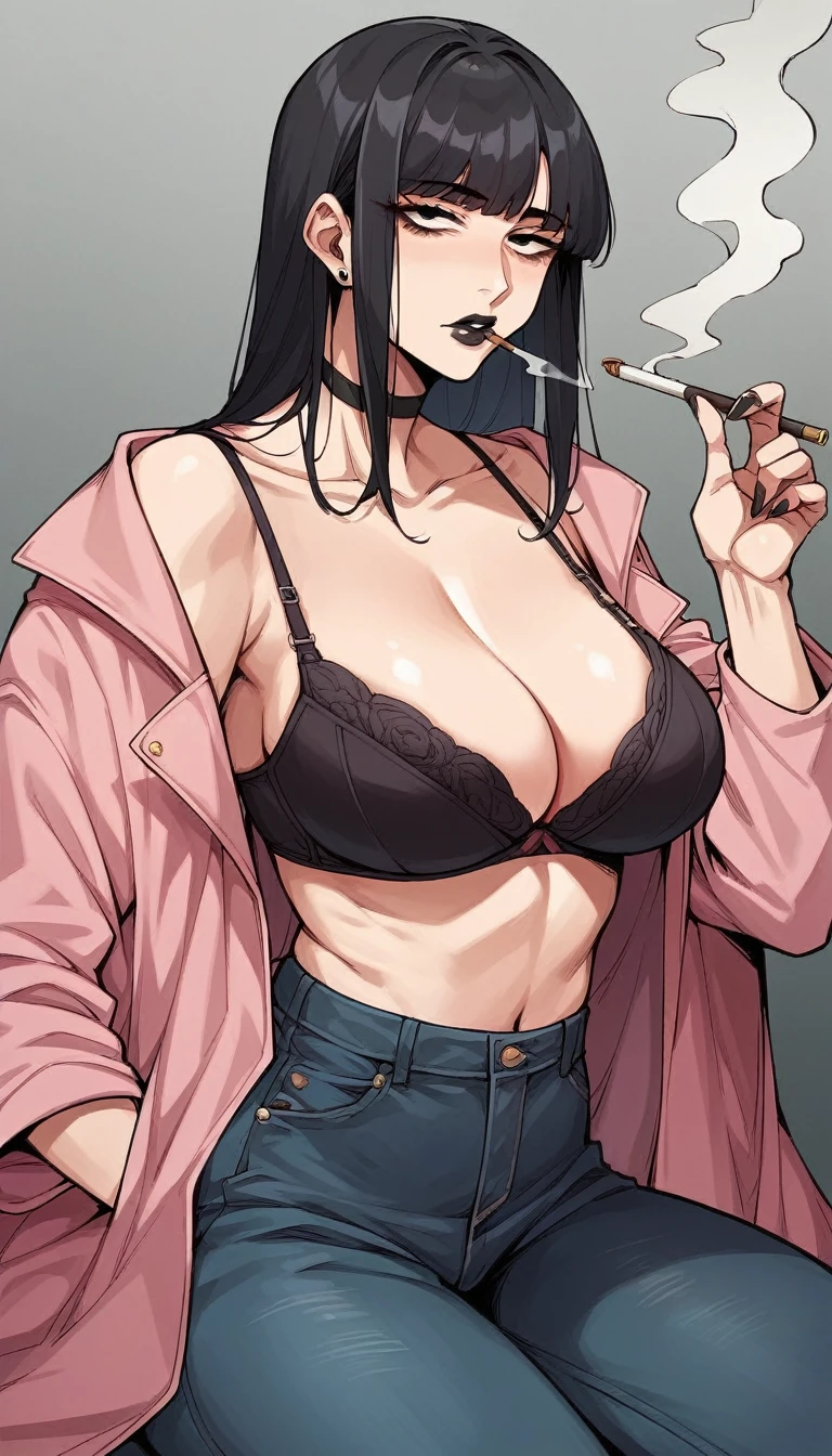 score_9, score_8_up, score_7_up, source_anime, rating_explicit, beautyful mature japanese woman, adult woman, , slender body, pink jacket, lax face, black big chocker, lowered black jeans,big long fringe black hair, black lipstick, black bra, SMOKING, pink panties