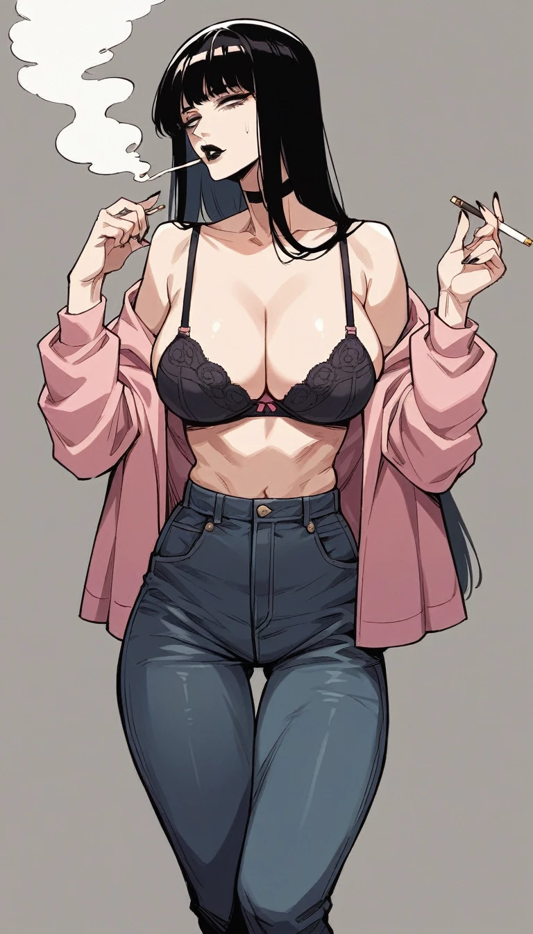 score_9, score_8_up, score_7_up, source_anime, rating_explicit, beautyful mature japanese woman, adult woman, , slender body, pink jacket, lax face, black big chocker, lowered black jeans,big long fringe black hair, black lipstick, black bra, SMOKING, pink panties