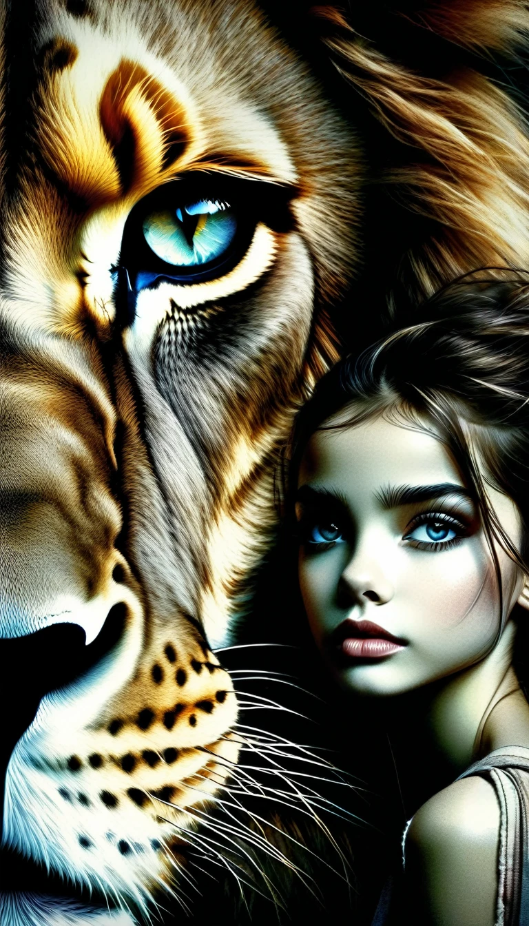 a powerful girl standing confidently with a majestic lion, beautiful detailed eyes, beautiful detailed lips, extremely detailed eyes and face, long eyelashes, dynamic pose, dramatic lighting, cinematic composition, gritty textured art style, muted color palette, chiaroscuro lighting, inspired by the art of Bill Sienkiewicz
